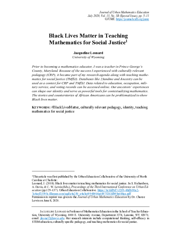 (PDF) Black Lives Matter in Teaching Mathematics for Social Justice