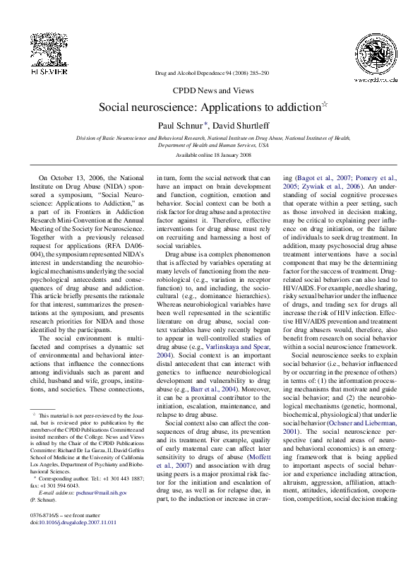 (PDF) CPDD News and Views Social Neuroscience-Applications to Addiction