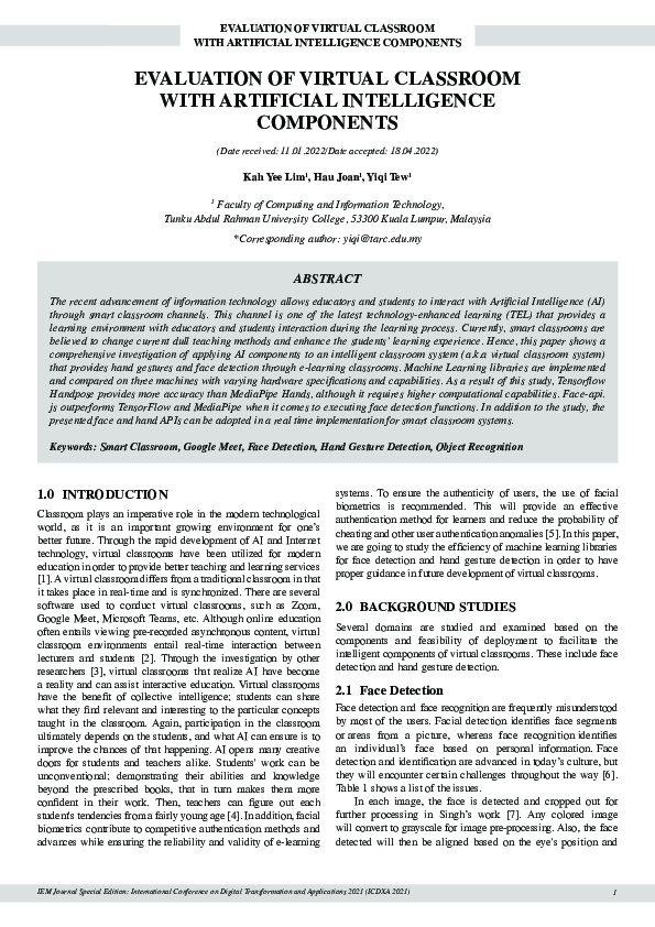 (PDF) An Evaluation of Virtual Classroom Performance with Artificial ...