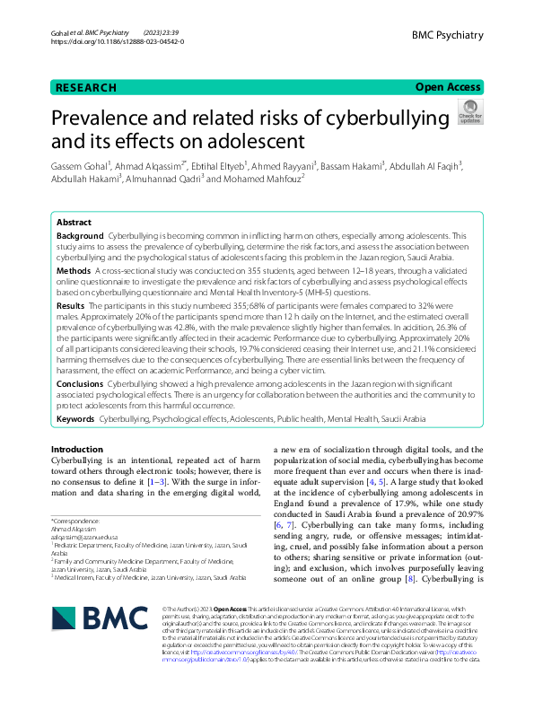 (PDF) Prevalence and related risks of cyberbullying and its effects on ...