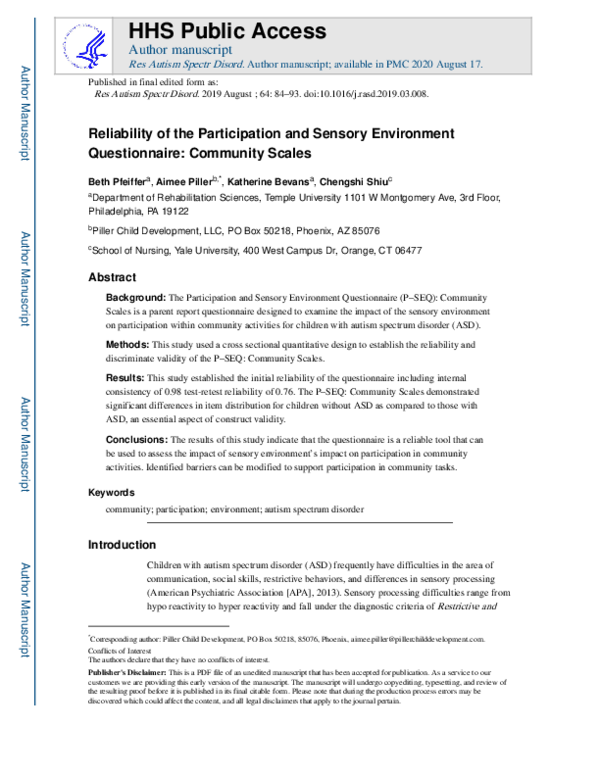 (PDF) Reliability of the participation and sensory environment ...