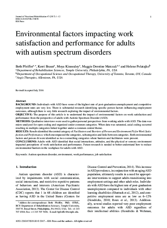First page of “Environmental factors impacting work satisfaction and performance for adults with autism spectrum disorders”