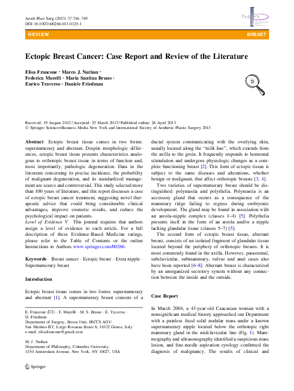 (PDF) Ectopic Breast Cancer: Case Report and Review of the Literature