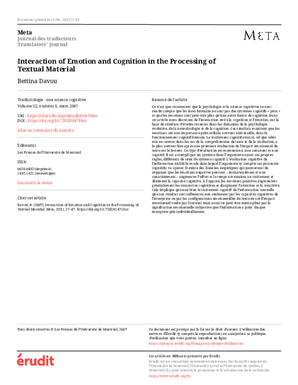 (PDF) Interaction of Emotion and Cognition in the Processing of Textual ...
