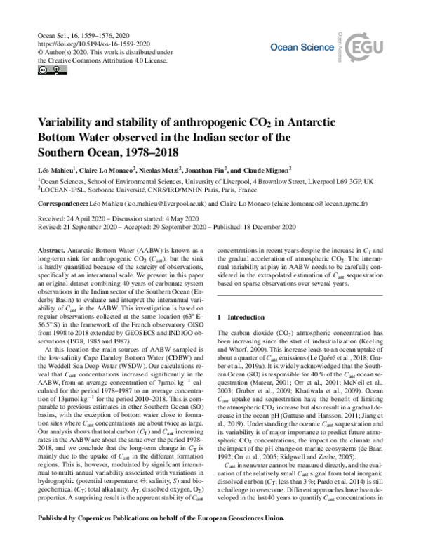 (PDF) Variability and stability of anthropogenic CO 2 in Antarctic ...