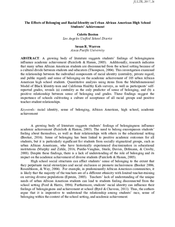 (PDF) The Effects of Belonging and Racial Identity on Urban African ...