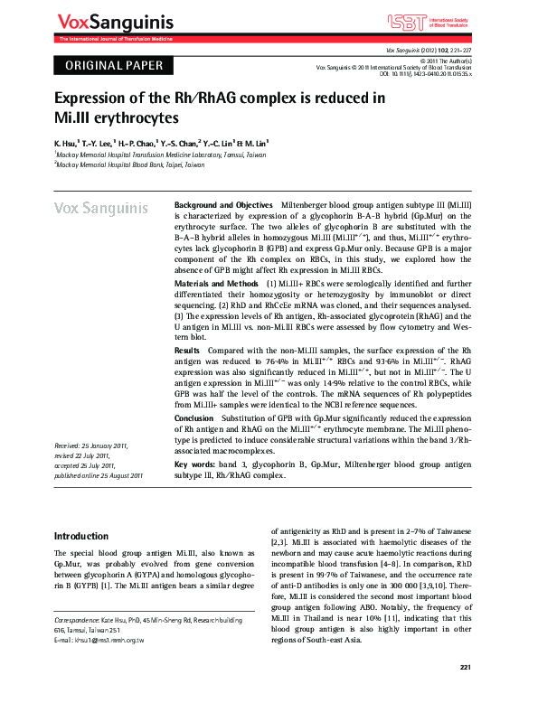 (PDF) Expression of the Rh/RhAG complex is reduced in Mi.III erythrocytes
