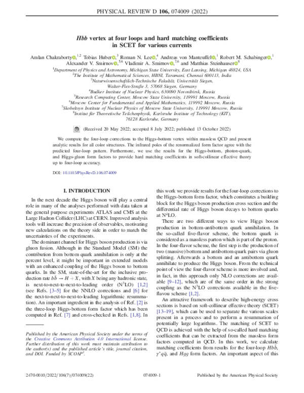 (PDF) H b b vertex at four loops and hard matching coefficients in SCET ...