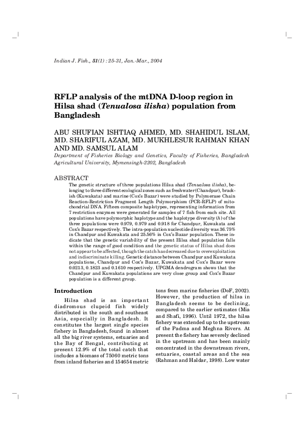 (PDF) RFLP analysis of the mtDNA D-loop region in Hilsa shad (Tenualosa ...