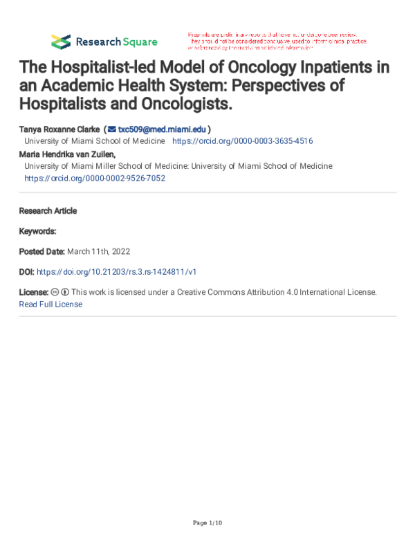 (PDF) The Hospitalist-led Model of Oncology Inpatients in an Academic ...