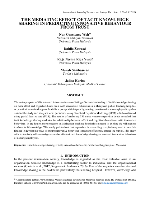 (PDF) The mediating effect of tacit knowledge sharing in predicting ...
