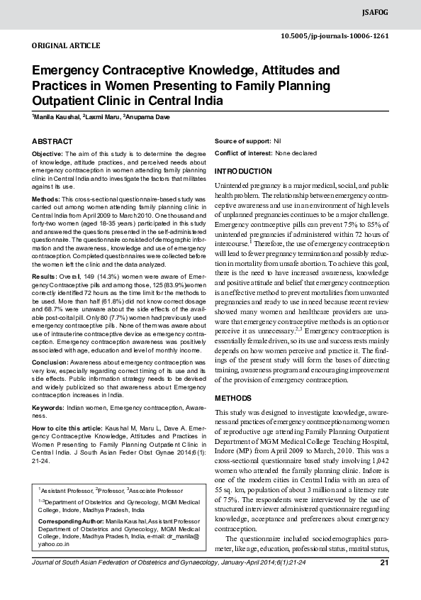 (PDF) Emergency Contraceptive Knowledge, Attitudes and Practices in ...