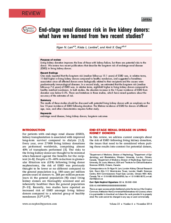 (PDF) End-stage renal disease risk in live kidney donors: what have we ...