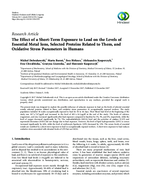(PDF) The Effect of a Short-Term Exposure to Lead on the Levels of ...
