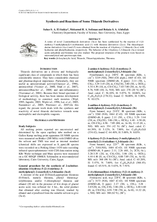 (PDF) Synthesis and Reactions of Some Thiazole Derivatives