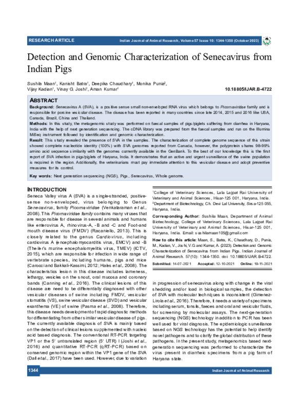 (PDF) Detection and Genomic Characterization of Senecavirus from Indian ...