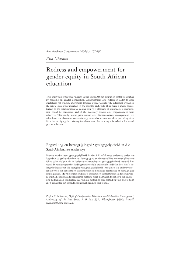 (PDF) Redress and empowerment for gender equity in South African education