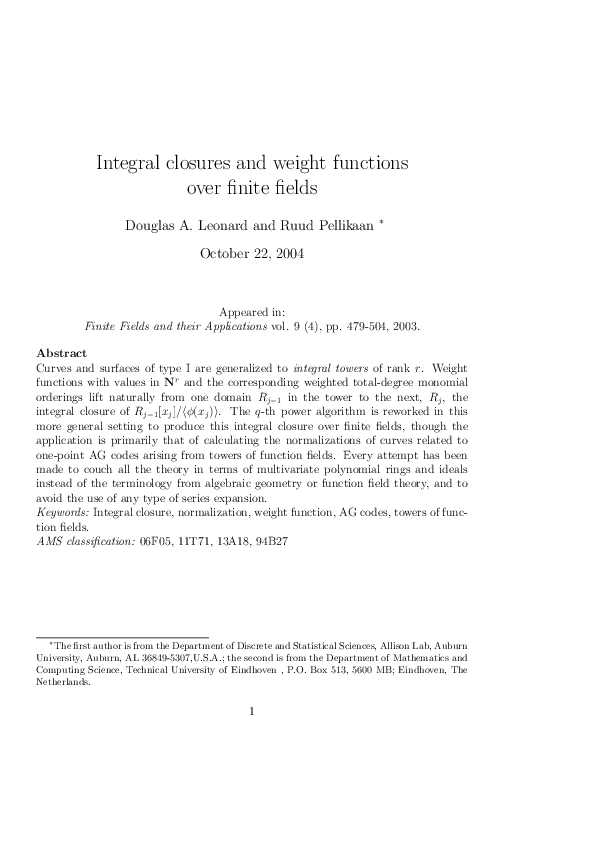 (PDF) Integral closures and weight functions over finite fields