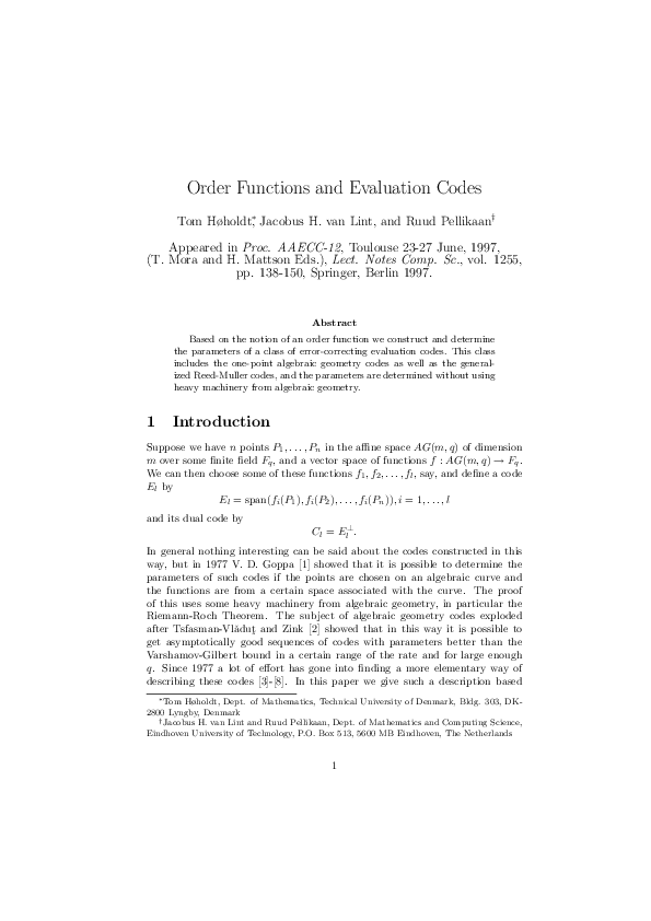 (PDF) Order functions and evaluation codes