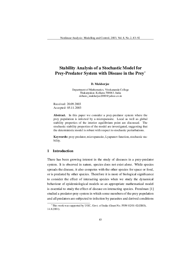 (PDF) Stability Analysis of a Stochastic Model for Prey-Predator System ...