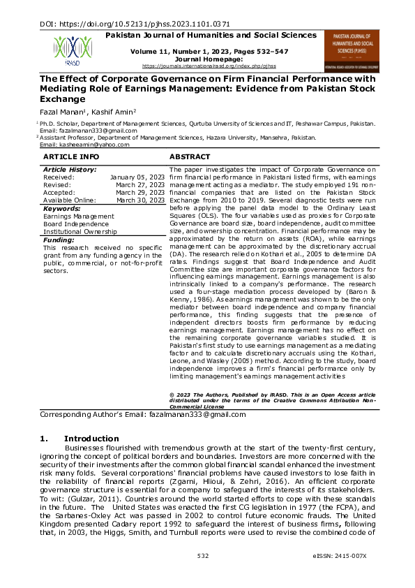 (PDF) The Effect of Corporate Governance on firm financial Performance ...