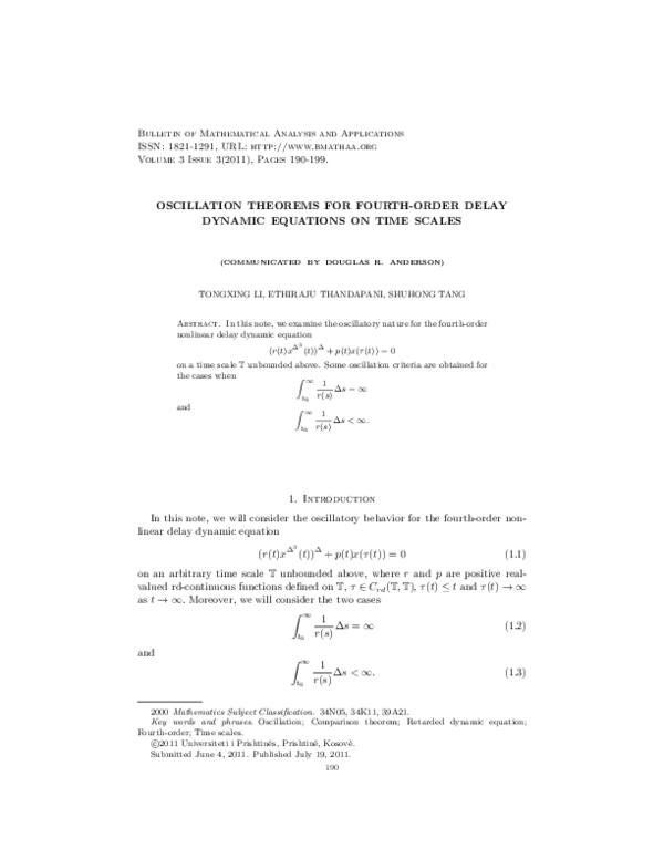 (PDF) Oscillation Theorems for Fourth-Order Delay Dynamic Equations on ...