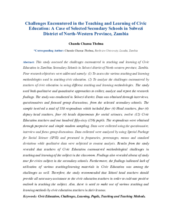 (DOC) Challenges Encountered in the Teaching and Learning of Civic ...