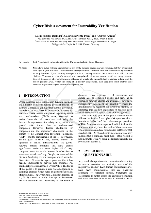 (PDF) Cyber Risk Assessment for Insurability Verification
