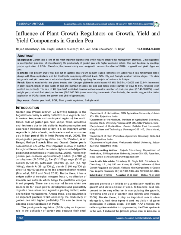 (PDF) Influence of Plant Growth Regulators on Growth, Yield and Yield ...