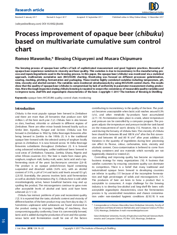 (PDF) Process improvement of opaque beer (chibuku ) based on