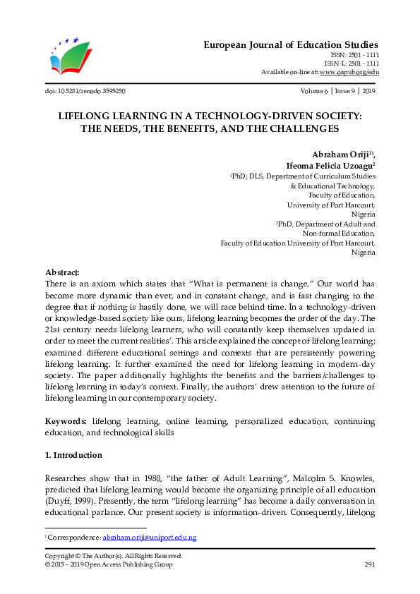 (PDF) Lifelong Learning in a Technology-Driven Society: The Needs, the ...