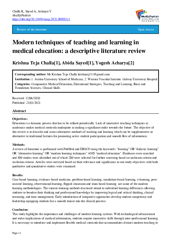 (PDF) Modern techniques of teaching and learning in medical education ...