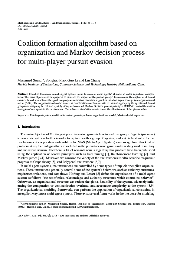 (PDF) Coalition formation algorithm based on organization and Markov ...