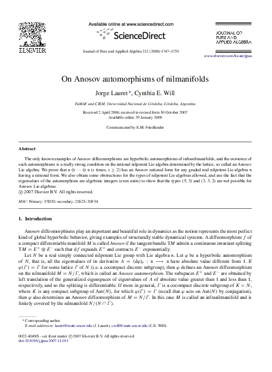 (PDF) On Anosov automorphisms of nilmanifolds