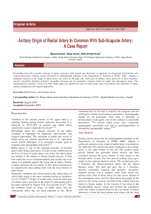 (PDF) Axillary Origin of Radial Artery In Common With Sub-Scapular ...