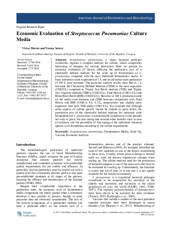 (PDF) Economic Evaluation of Streptococcus Pneumoniae Culture Media