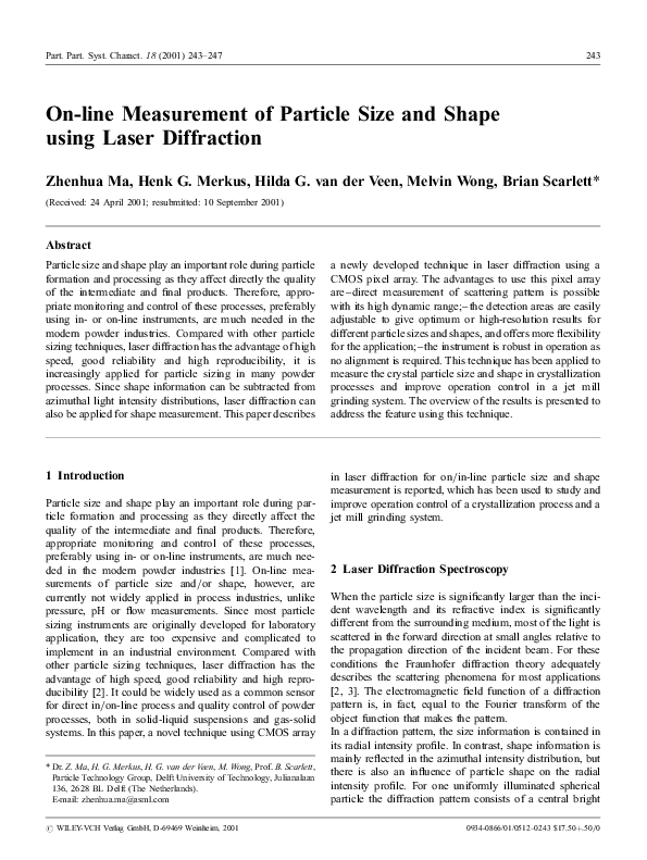 (PDF) On-line Measurement of Particle Size and Shape using Laser ...