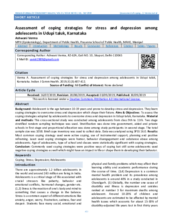 (PDF) Assessment of coping strategies for stress and depression among ...