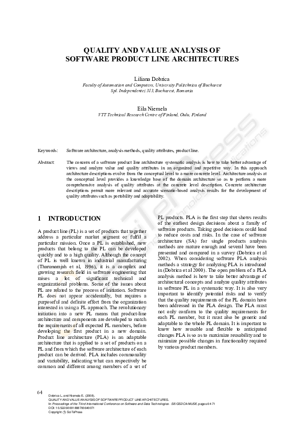 (PDF) Quality and Value Analysis of Software Product Line Architectures