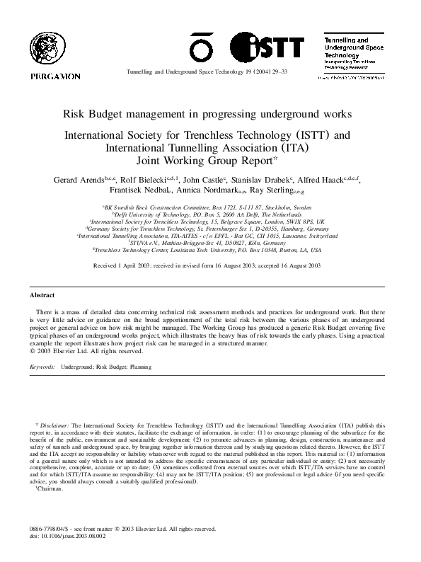 (PDF) Risk Budget management in progressing underground works