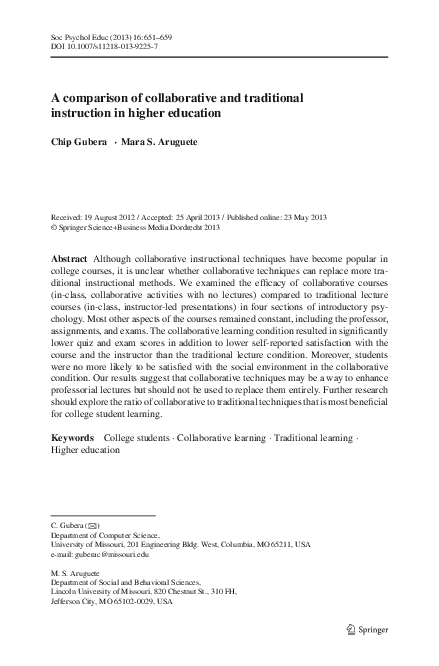 (PDF) A comparison of collaborative and traditional instruction in ...
