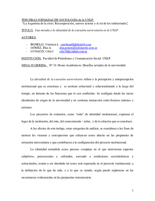 (PDF) Una mirada a la identidad de la extensión universitaria en la UNLP