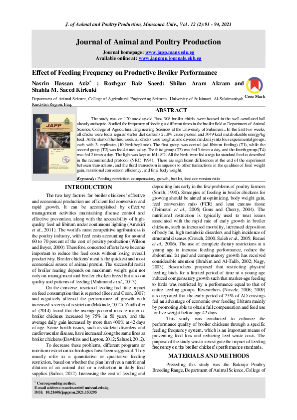 (PDF) Effect of Feeding Frequency on Productive Broiler Performance