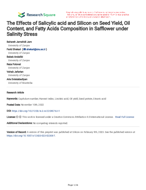 (PDF) The Effects of Salicylic acid and Silicon on Seed Yield, Oil