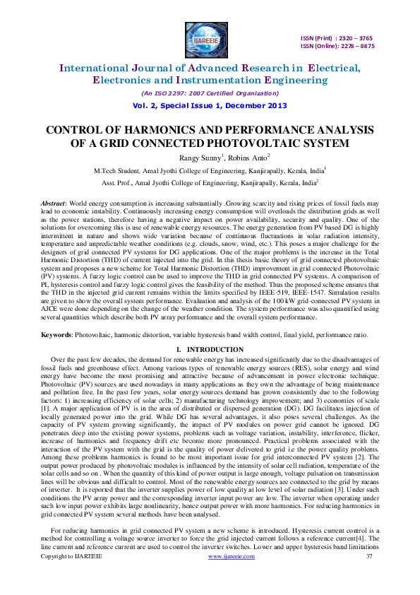 (PDF) Control of Harmonics and Performance Analysisof a Grid Connected ...