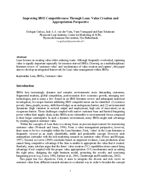 (PDF) Improving SME competitiveness through Lean : Value creation and ...
