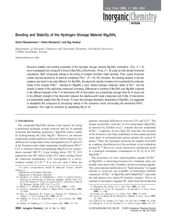 (PDF) Bonding and Stability of the Hydrogen Storage Material Mg 2 NiH 4