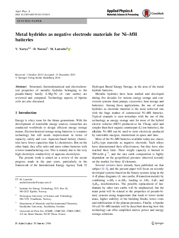 (PDF) Metal hydrides as negative electrode materials for Ni–MH batteries