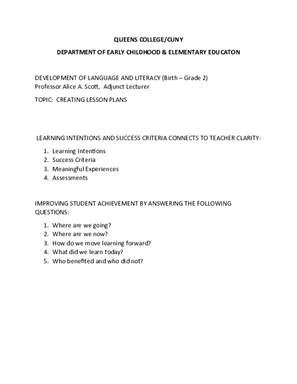 (DOC) LESSON PLANS Learning intentions teacher clarity