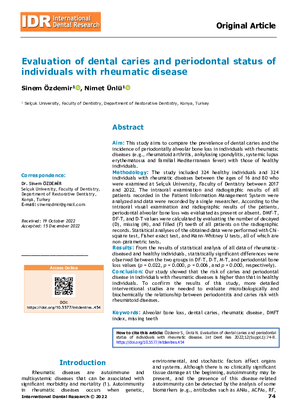 (PDF) Evaluation of dental caries and periodontal status of individuals ...